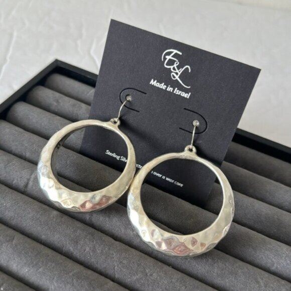 E&L Israel 925 Sterling Silver Circle Hammered Electroform Dangle Earrings - Picture 9 of 15